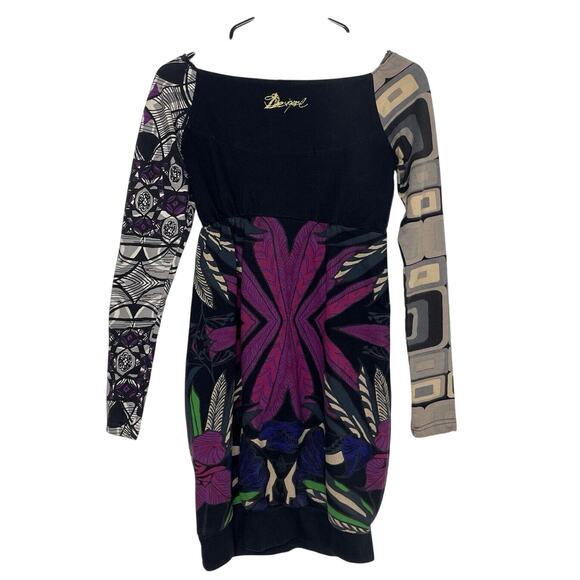 Desigual Bodycon Mini Dress S Long Sleeve Graphic Y2K Artsy Boho Streetwear - Picture 2 of 10